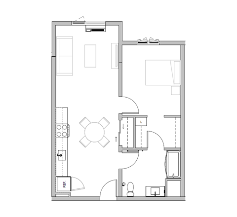 Floor plan for 1 bed, 1 bath, 688 sqft